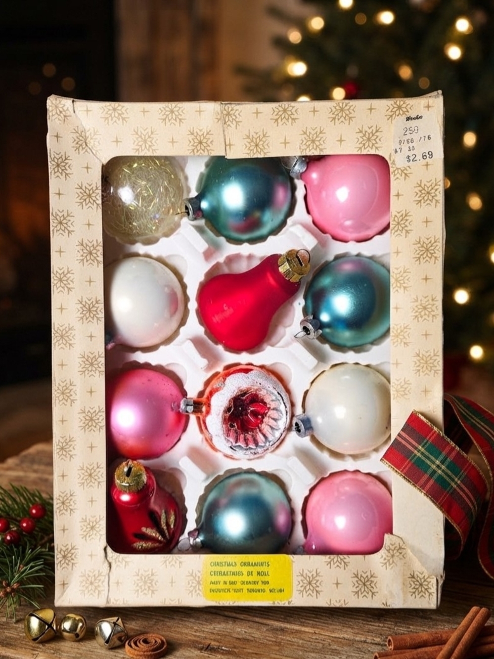 Vintage Glass Christmas Ornaments Box Set Retro Pastel & Reflector Baubles
